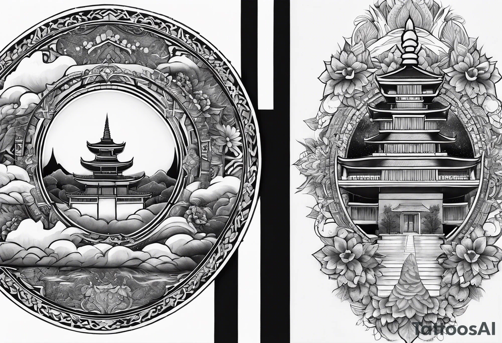 The back of a forearm including a world map, a Buddhist temple and a mandala tattoo idea