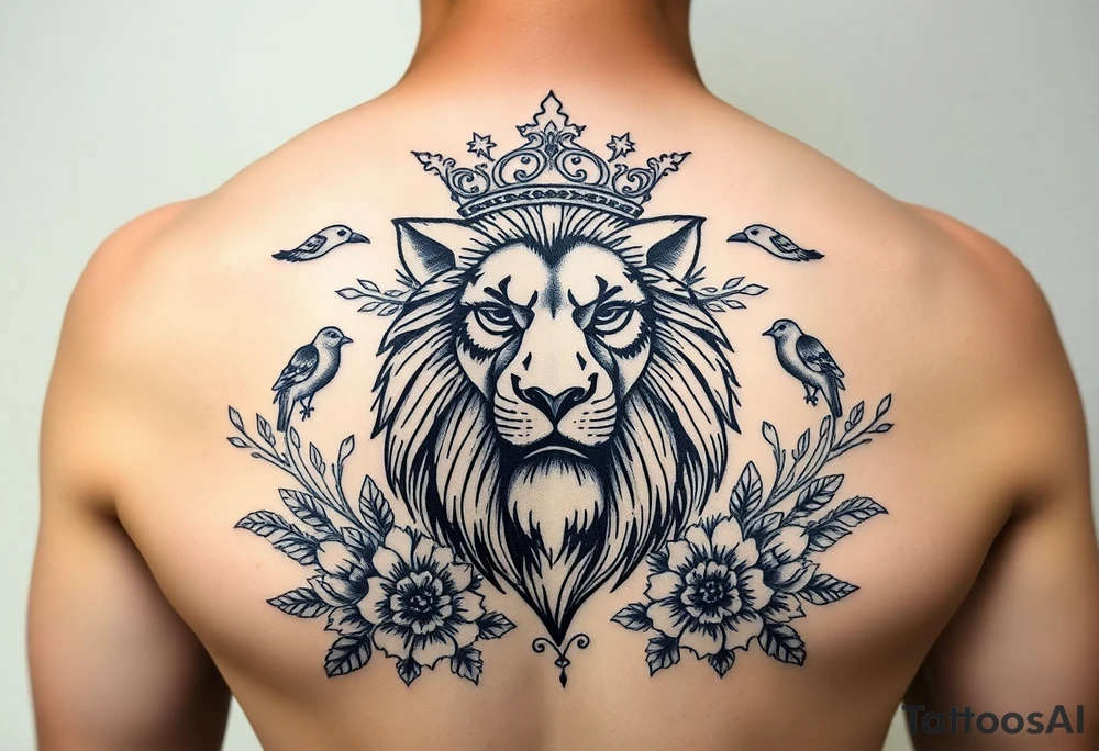 powerful majestic lion with a crown, surrounded by floral ornaments and birds tattoo idea