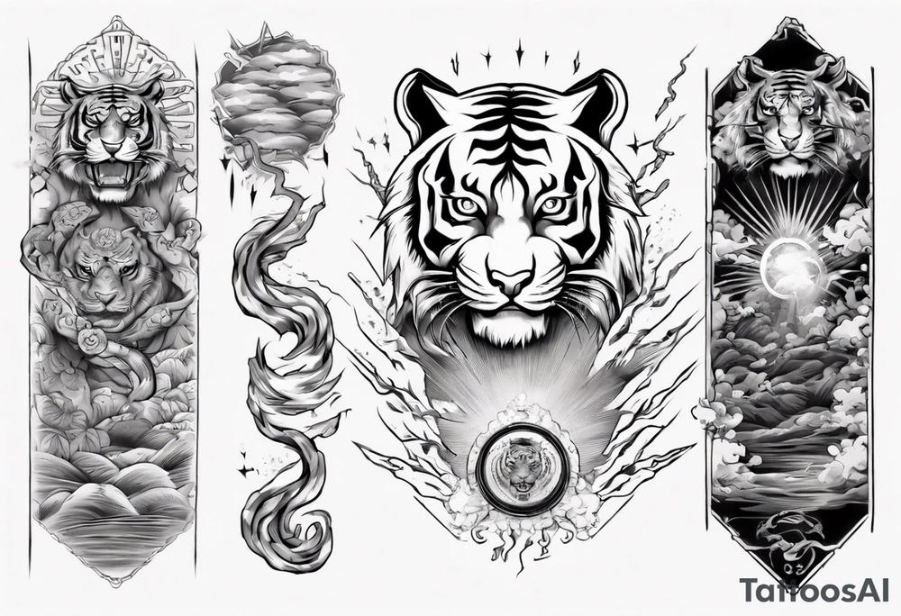 Ancient tiger with lightning and a sun for a forearm sleeve. With patterns surrounding it tattoo idea