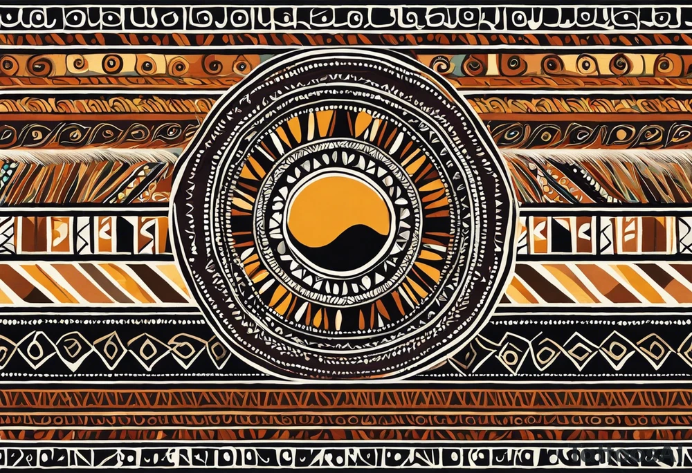 Ornement en longueur du coude à mi bras. Forme géométrique en longueur avec des signes aborigène australiens désignant les kangourous, la vie. Puis dessiner un soleil, des vagues et des feuilles en rapport à l’Australie ou Bali. tattoo idea
