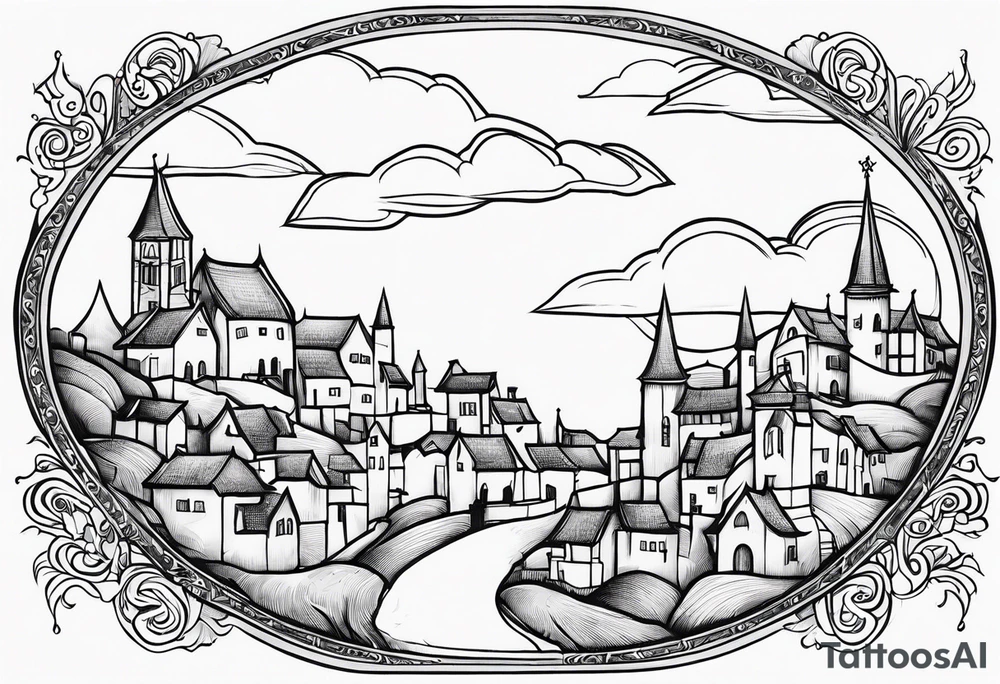 cloud medieval town tattoo idea