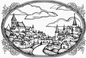cloud medieval town tattoo idea