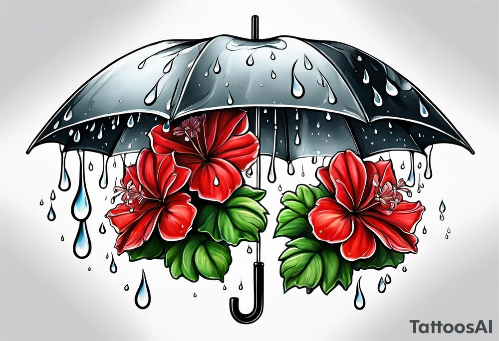 Upside down Umbrella with red geraniums with rain drops tattoo idea