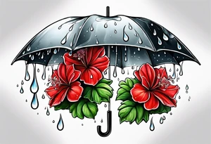 Upside down Umbrella with red geraniums with rain drops tattoo idea