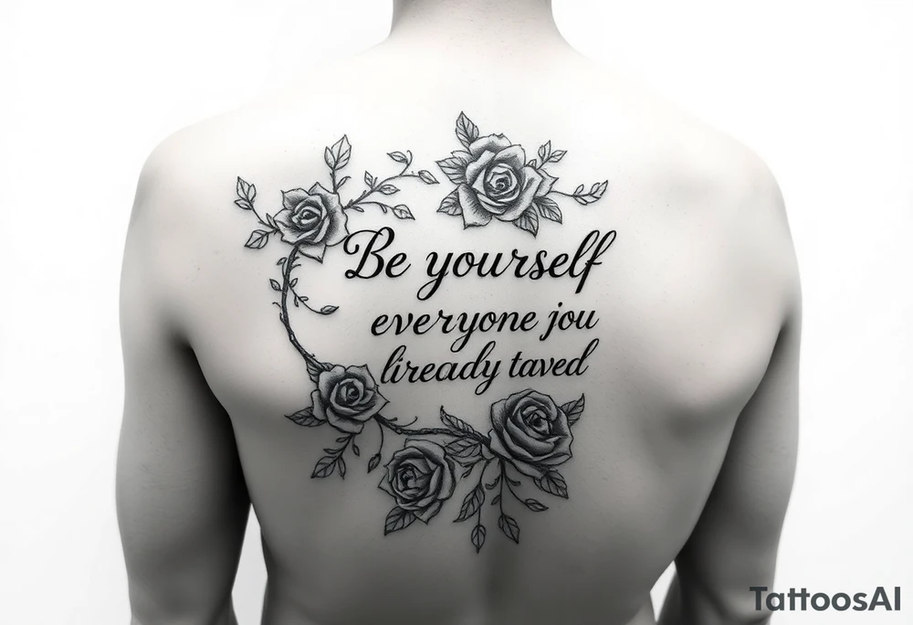 A back forearm that has vines and roses with the saying be yourself everyone else is already taken tattoo idea