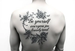 A back forearm that has vines and roses with the saying be yourself everyone else is already taken tattoo idea