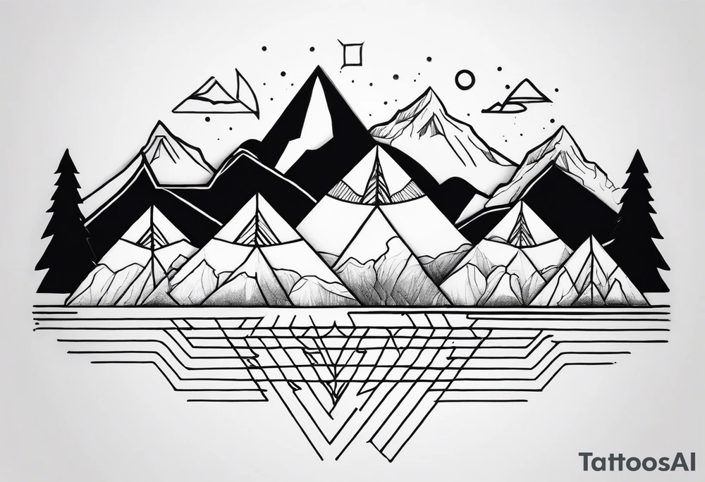 Black line tattoo with three different sizes triangles forming a mountain range with three trees tattoo idea Black line tattoo with three different sizes triangles forming a mountain range with three trees tattoo idea