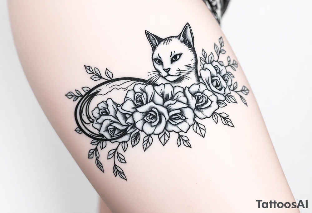 Egyptian cat vintage bouquet of roses and tribal design tattoo idea