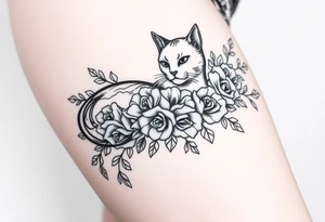Egyptian cat vintage bouquet of roses and tribal design tattoo idea