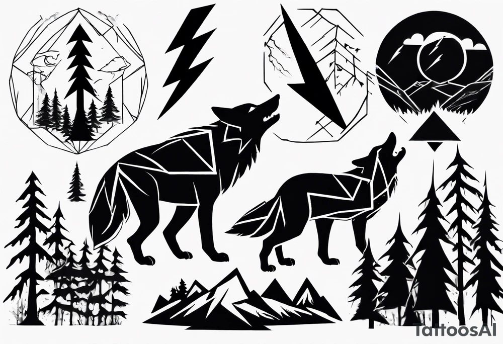 lightning over forest with wolf howling tattoo idea