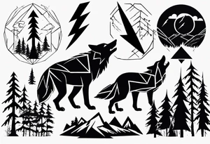 lightning over forest with wolf howling tattoo idea