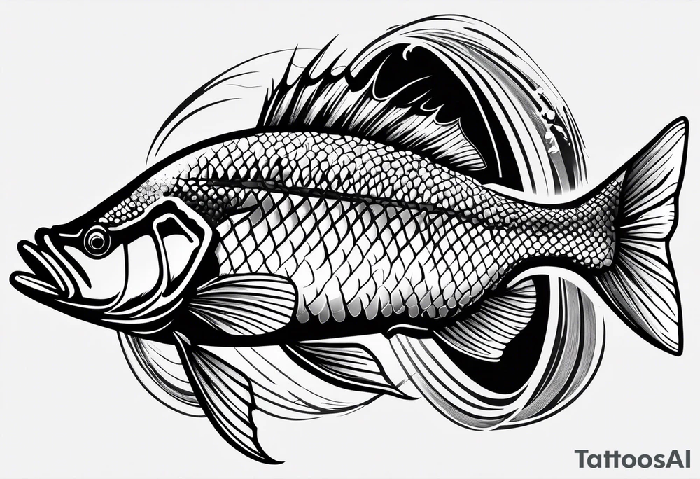 bass fish, its tail turns into a fishing hook tattoo idea