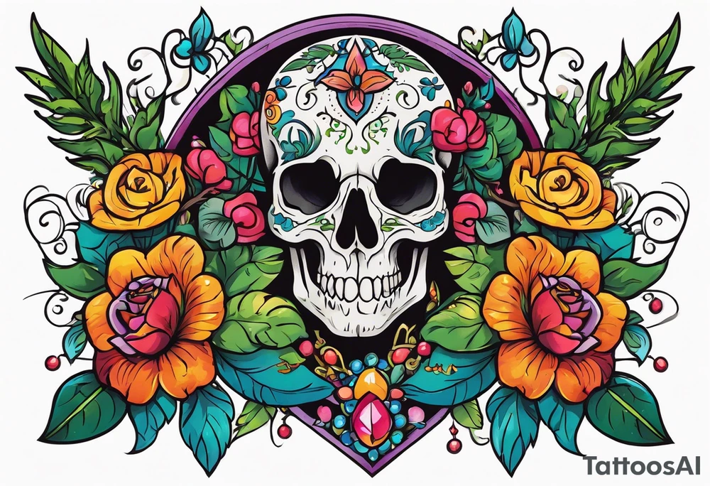 Neo traditional floral chest piece with animal skull and gems tattoo idea