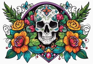 Neo traditional floral chest piece with animal skull and gems tattoo idea