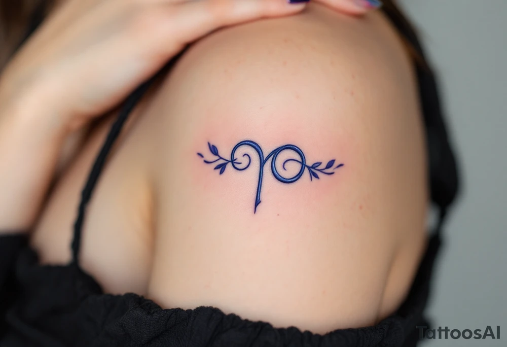 A silver  symbol for love rune with blue accents, surrounded by violet tattoo idea