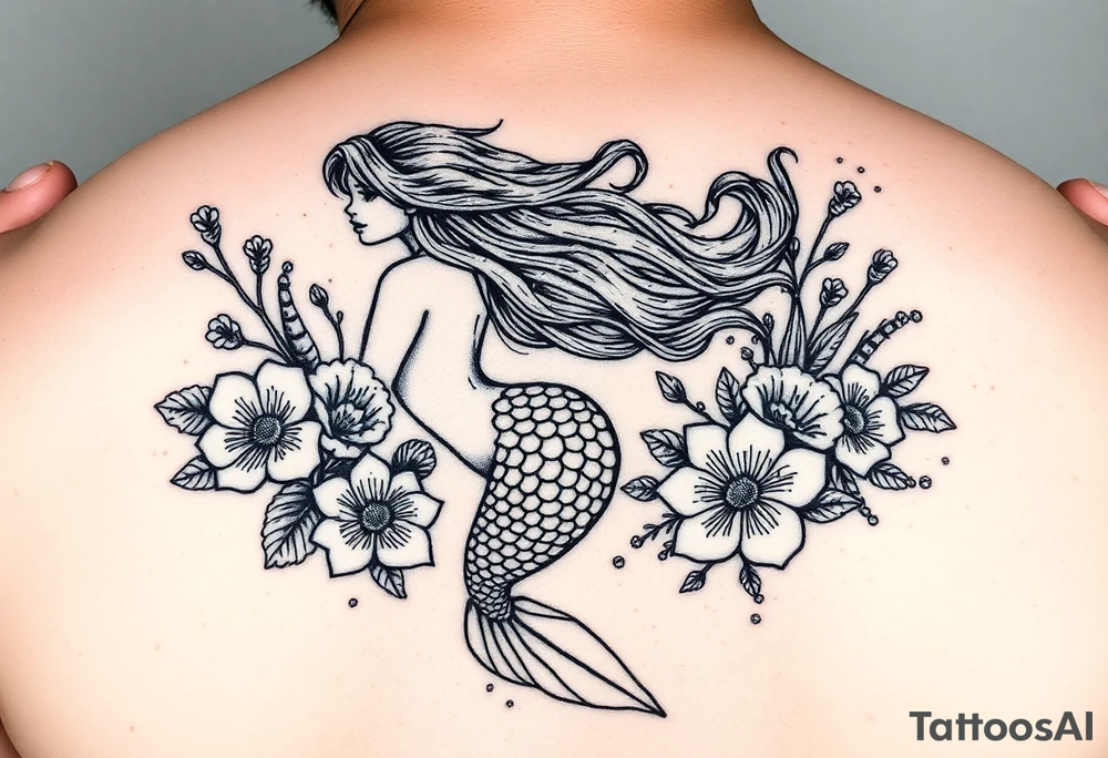 ethereal mermaid with flowing hair among coral and sea flowers tattoo idea