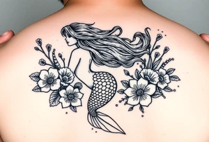 ethereal mermaid with flowing hair among coral and sea flowers tattoo idea