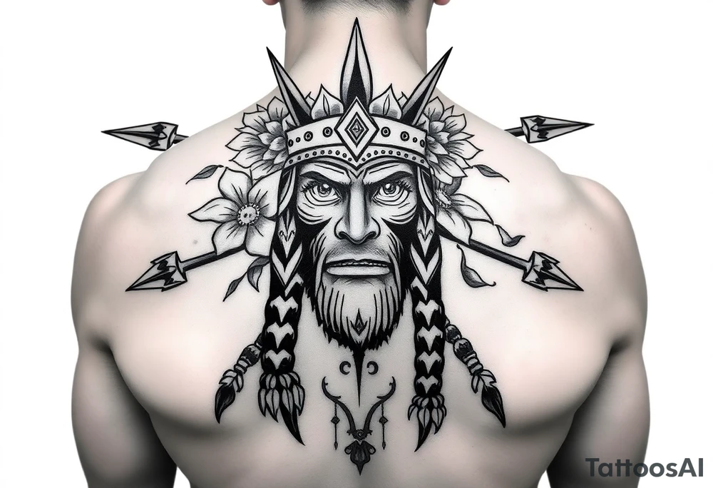 powerful shaman with flowers and spears from Nunavut and representing pain, anger love and healing for front of neck tattoo idea