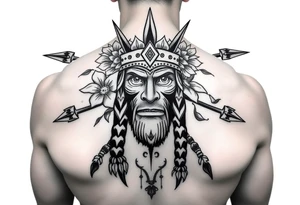 powerful shaman with flowers and spears from Nunavut and representing pain, anger love and healing for front of neck tattoo idea