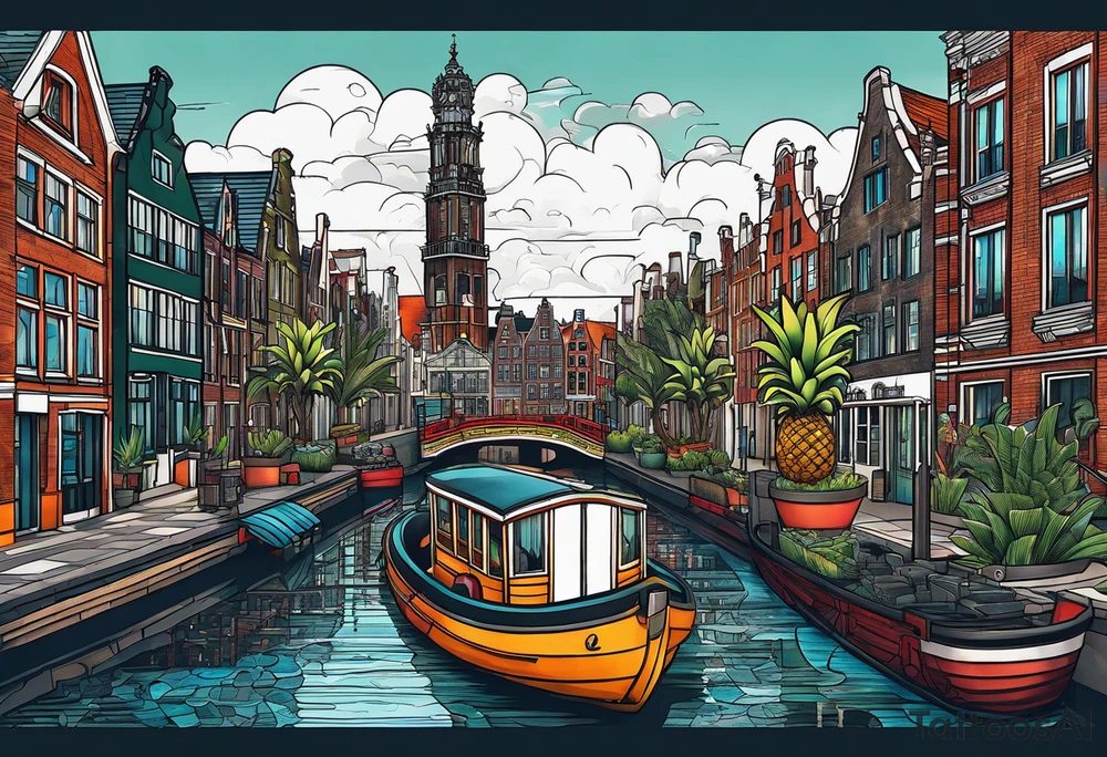 Tiger and pineapple featuring Amsterdam buildings and canal tattoo idea
