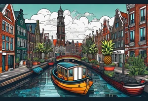 Tiger and pineapple featuring Amsterdam buildings and canal tattoo idea