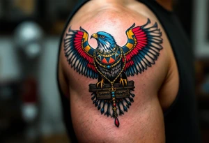 An Egyptian Falcon (Horus) Carrying a Rosary (only red, blue and black are possible colors) tattoo idea