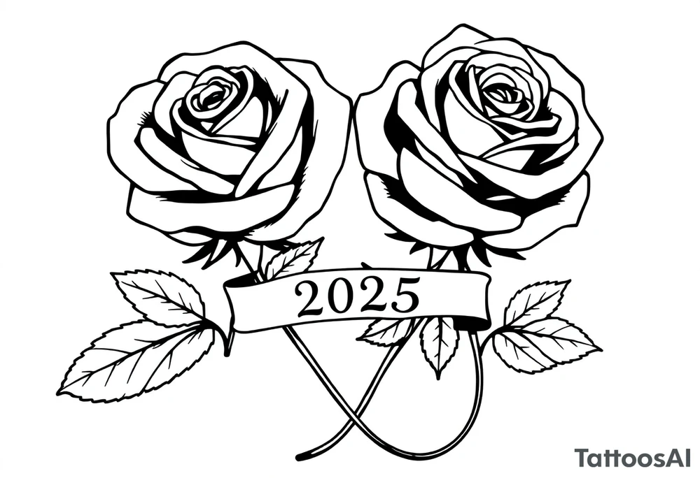 two beautiful large rose buds, one larger than the other, with many leaves next to the rose buds, with one sitting higher than the other. Include a banner connecting the two roses with the year 2025 on it.   Use dark outlines with little shading. The two stems should be short, not long, and connect and join into one stem, whimsically curved or twisted - not straight down. tattoo idea