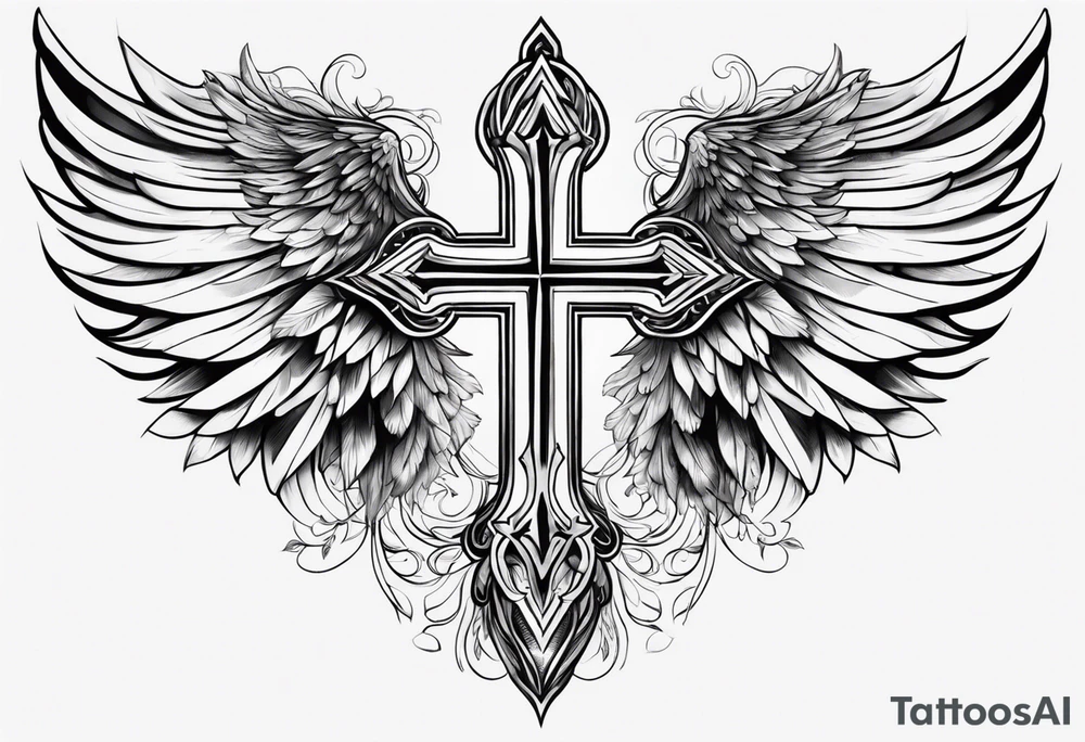 Realistic wings with an upside down cross between the wings tattoo idea Realistic wings with an upside down cross between the wings tattoo idea