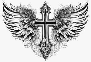 Realistic wings with an upside down cross between the wings tattoo idea