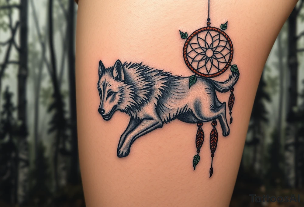 A wolf running through the woods, with dreamcatcher rings woven into the landscape. The wolf’s fur is shaded in shades of gray and white, while the dreamcatcher is adorned with green leaves and earthy brown tones tattoo idea