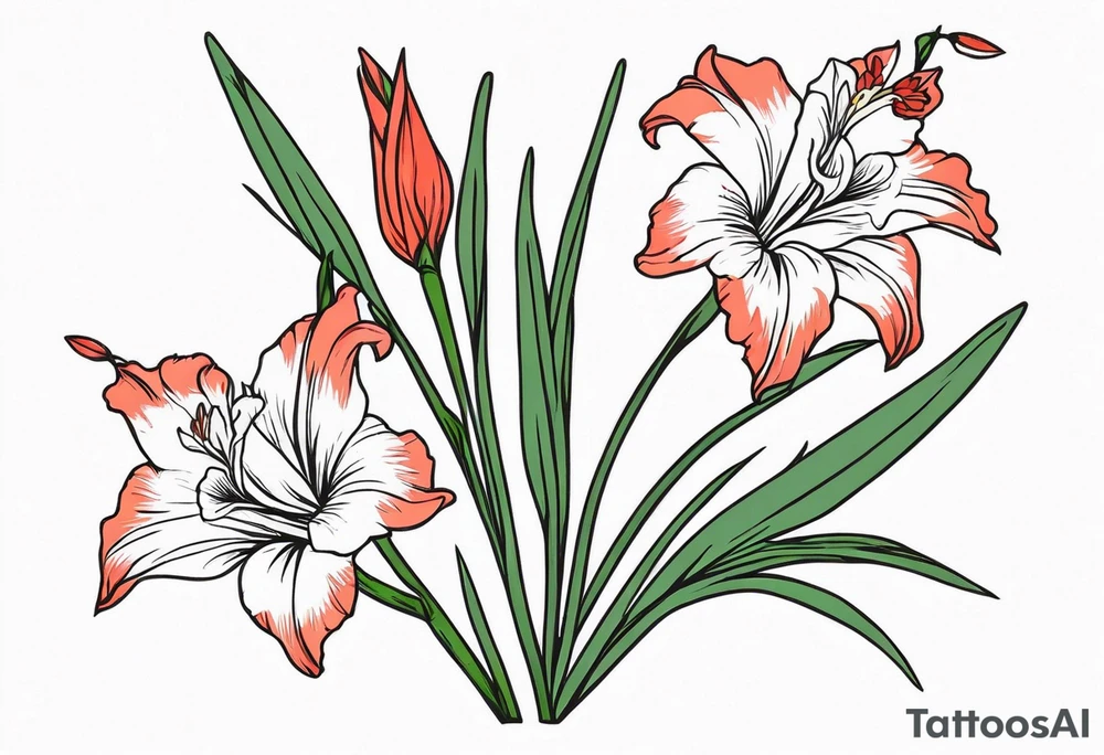 a single, thin, narrow gladiolus stalk. green leaves. coral-colored flowers with deep red centers. tattoo idea