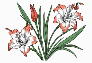 a single, thin, narrow gladiolus stalk. green leaves. coral-colored flowers with deep red centers. tattoo idea