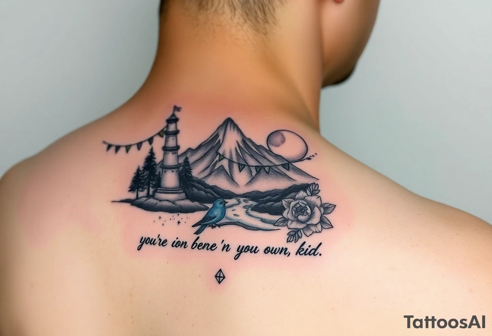 upper arm tattoo with buddhist prayer flags, mountain, river, "you're on your own, kid", little blue bird, daffodil, and full moon tattoo idea
