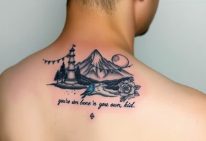 upper arm tattoo with buddhist prayer flags, mountain, river, "you're on your own, kid", little blue bird, daffodil, and full moon tattoo idea