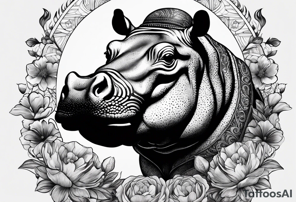 Hippo, flowers, moon, fine lines, tribal, tattoo idea