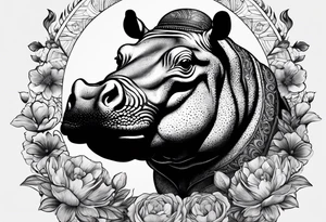 Hippo, flowers, moon, fine lines, tribal, tattoo idea