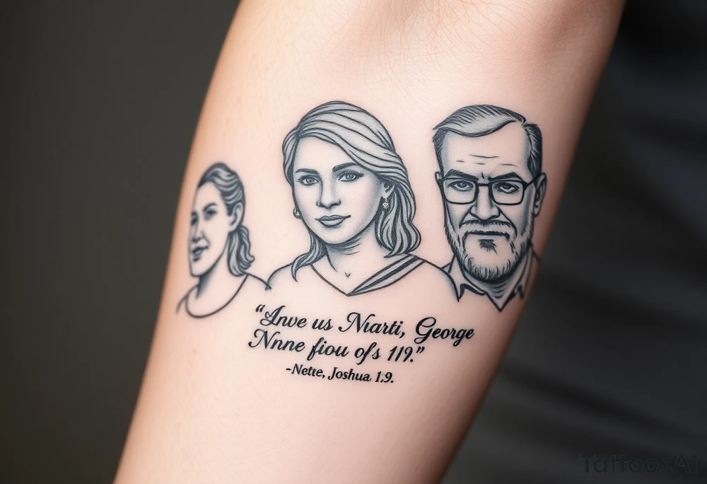 A full selves with my grandparents name Anne, Nora, George and add this bible verse Joshua 1:9: "Be strong and courageous. Do not be afraid; do not be discouraged, for the Lord your God will be with you wherever you go tattoo idea