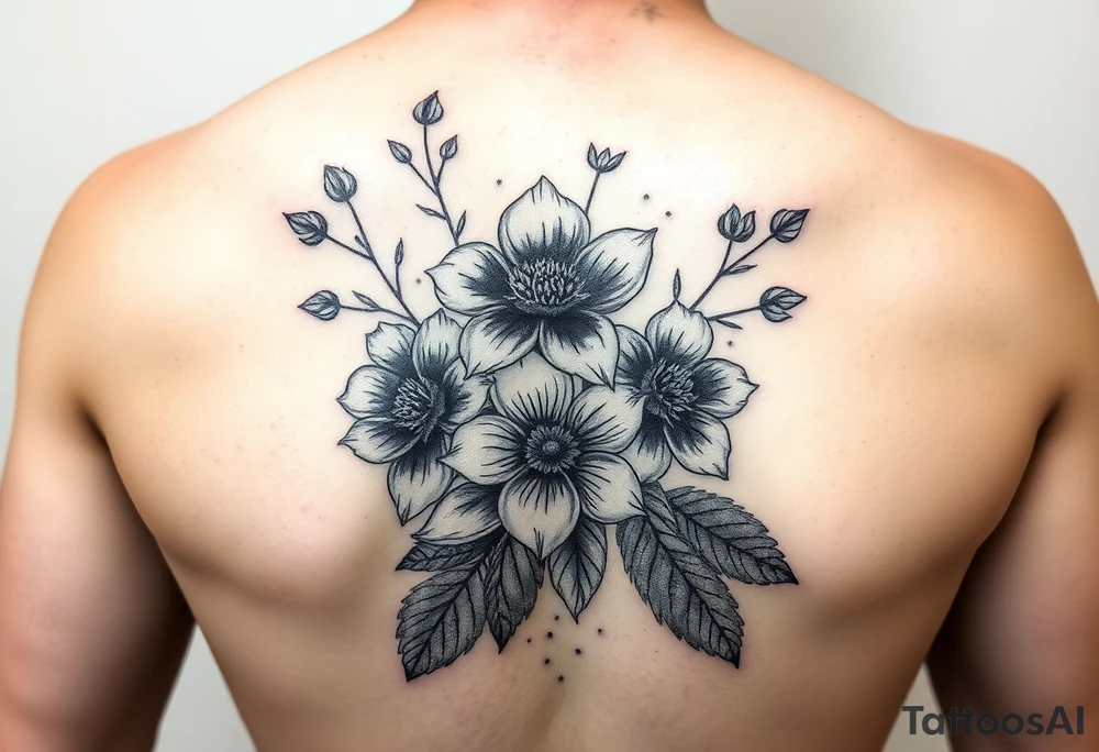 Realistic flowers and leaves with embellishments tattoo idea