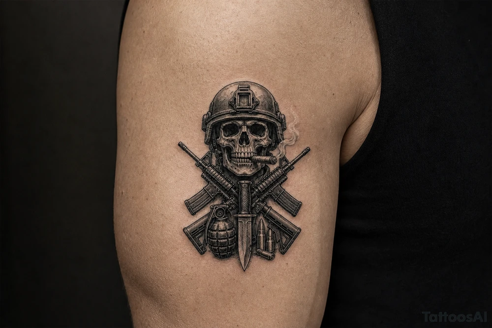 skull with military helmet, smoking cigar,crossed assault rifles, knife,hand grenade,cartridges, tattoo idea