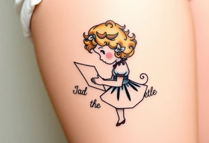 Little blond girl with curly hair mailing a letter that says to dad on the other side tattoo idea