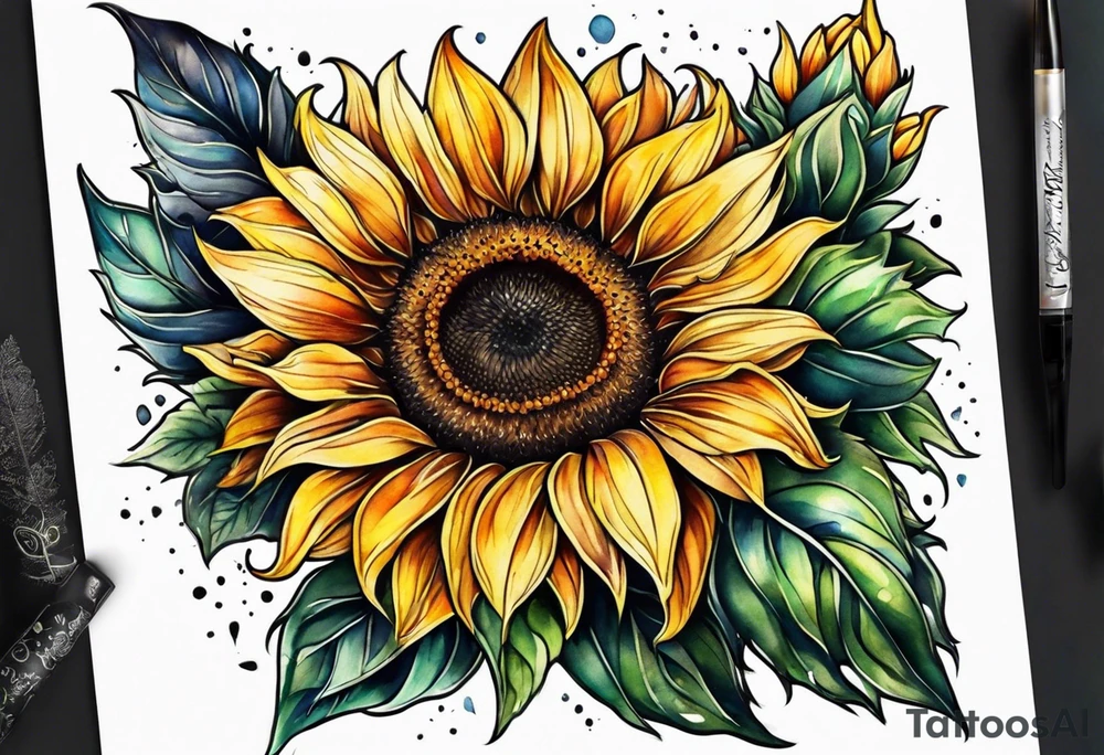 Leg sleeve sunflower tattoo idea