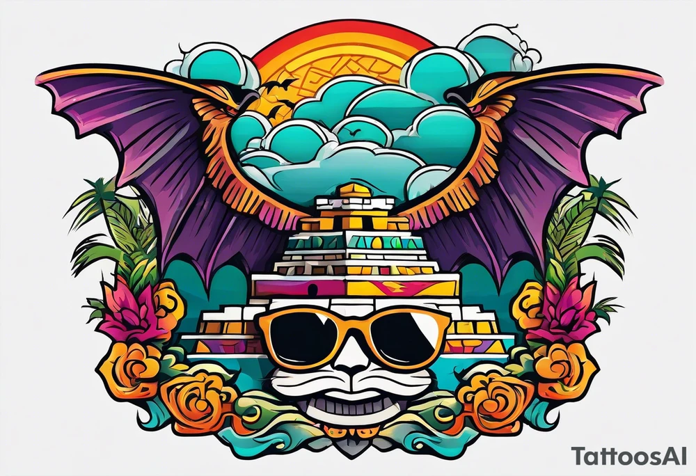 Colorful ancient Mayan hieroglyph wearing sunglasses reflecting Chichen itza and bats. Waves. tattoo idea
