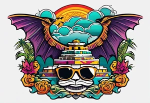 Colorful ancient Mayan hieroglyph wearing sunglasses reflecting Chichen itza and bats. Waves. tattoo idea