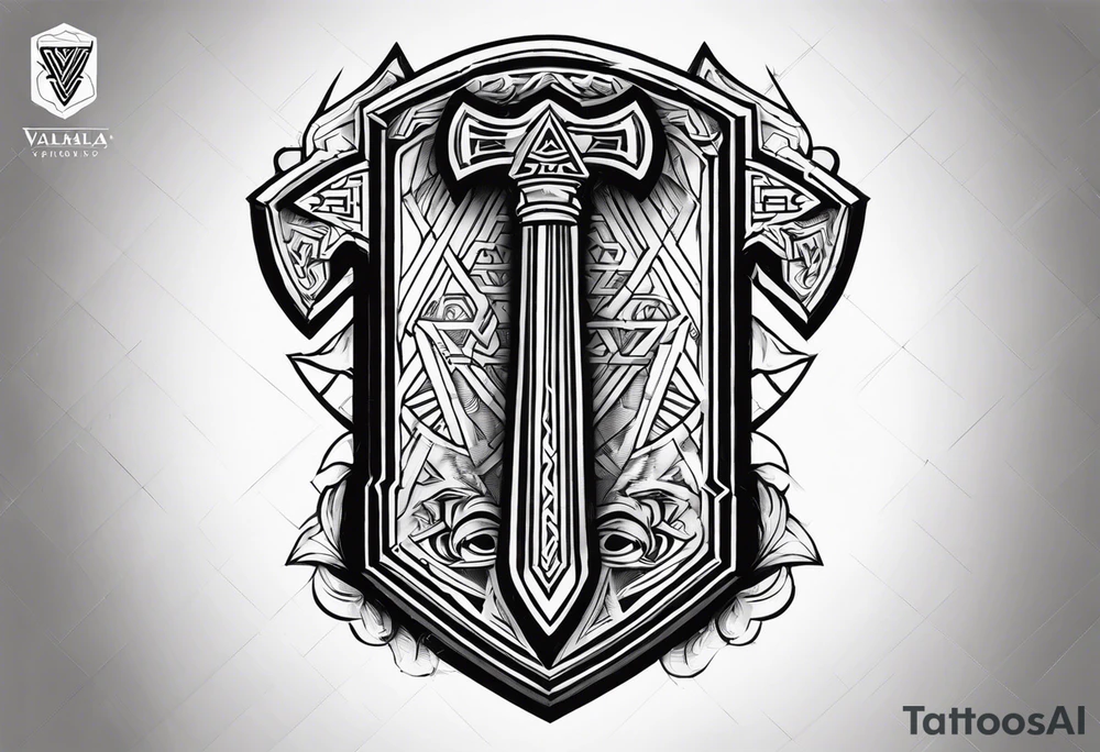 Valhalla sword shield axe Valknut stairs tattoo idea