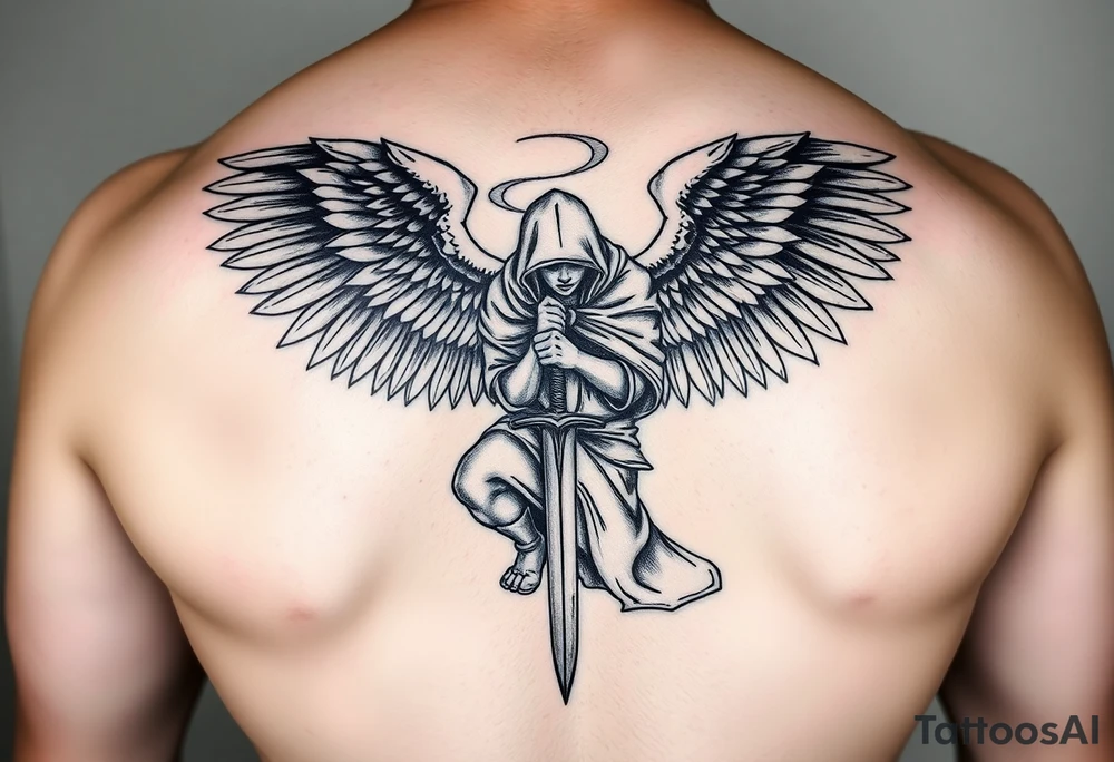 Warrior Angel with long sword  kneeling looking down cloak over head wings
 spread tattoo idea