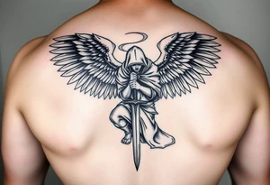 Warrior Angel with long sword  kneeling looking down cloak over head wings
 spread tattoo idea