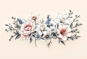 Carnation, Snowdrop, Larkspur, Water Lily, Daffodil, Clover tattoo idea