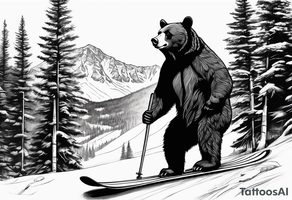 Large thigh tattoo, realism, black and white, black bear standing with a ski resort in the background tattoo idea