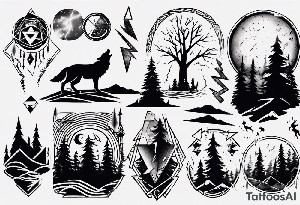 lightning over forest with wolf howling on drum tattoo idea lightning over forest with wolf howling on drum tattoo idea