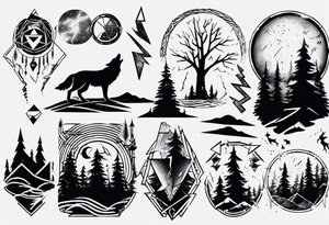 lightning over forest with wolf howling on drum tattoo idea